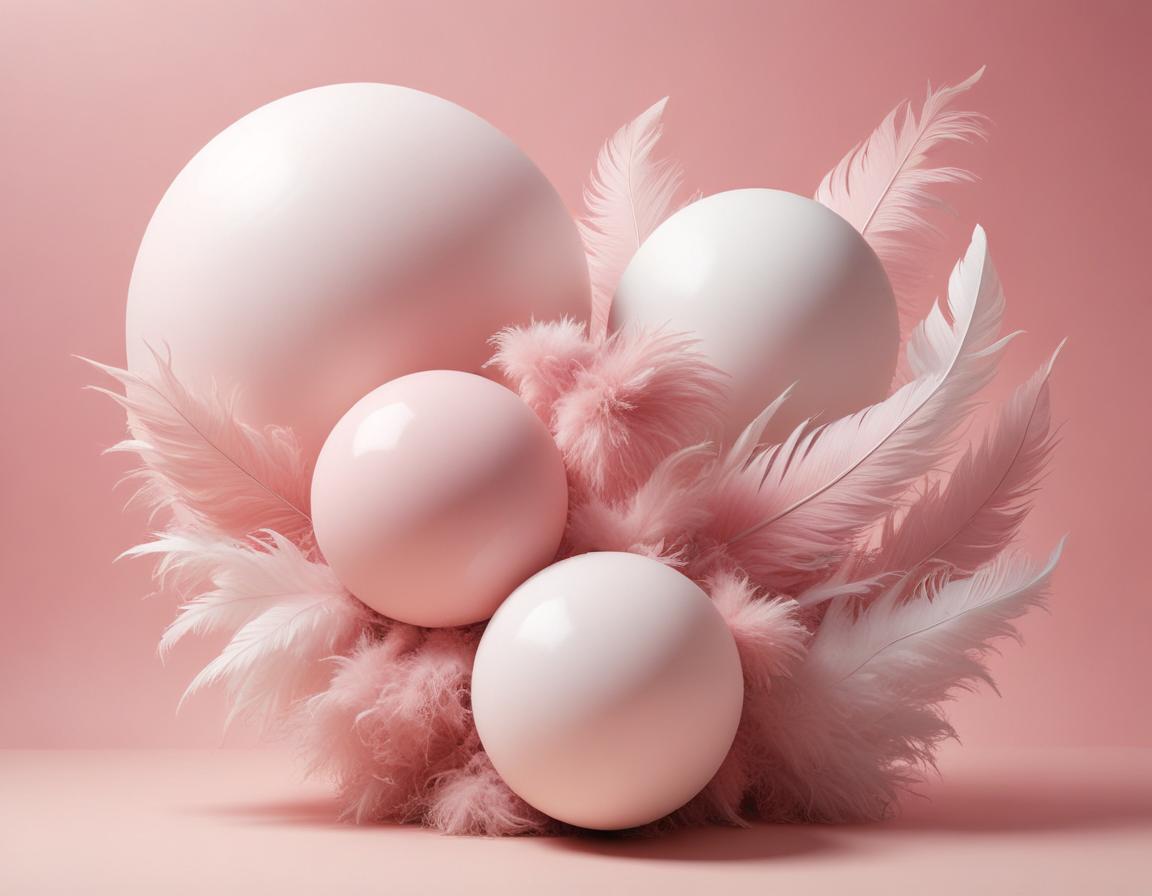 White and pink spheres rest in pink feathers White and pink spheres rest in pink feathers