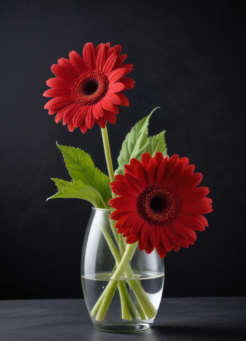 Two red gerberas in a clear vase Two red gerberas in a clear vase