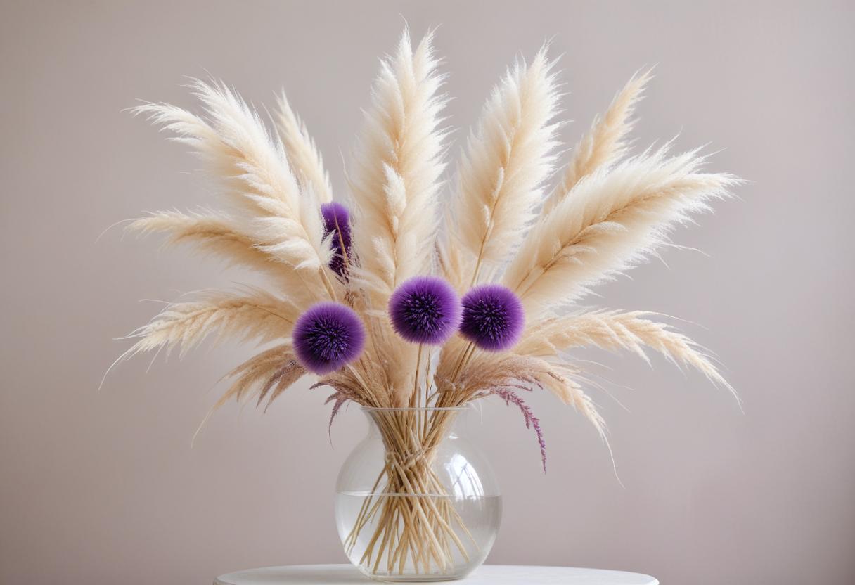 Vase of pampas grass and purple flowers on table Vase of pampas grass and purple flowers on table