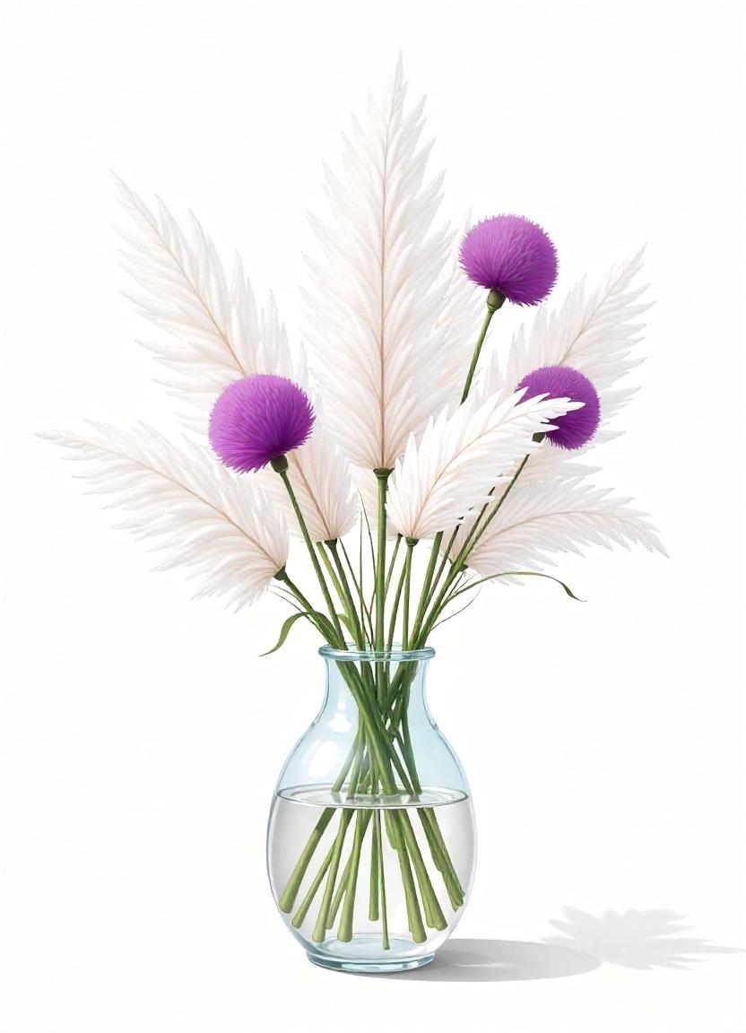 A vase of white pampas grass and purple flowers A vase of white pampas grass and purple flowers