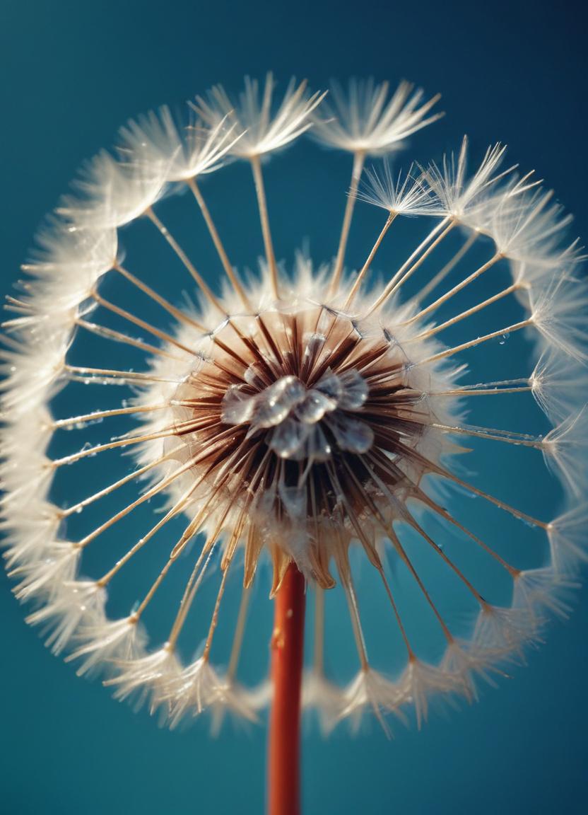 A wet dandelion seed head against a blue sky A wet dandelion seed head against a blue sky