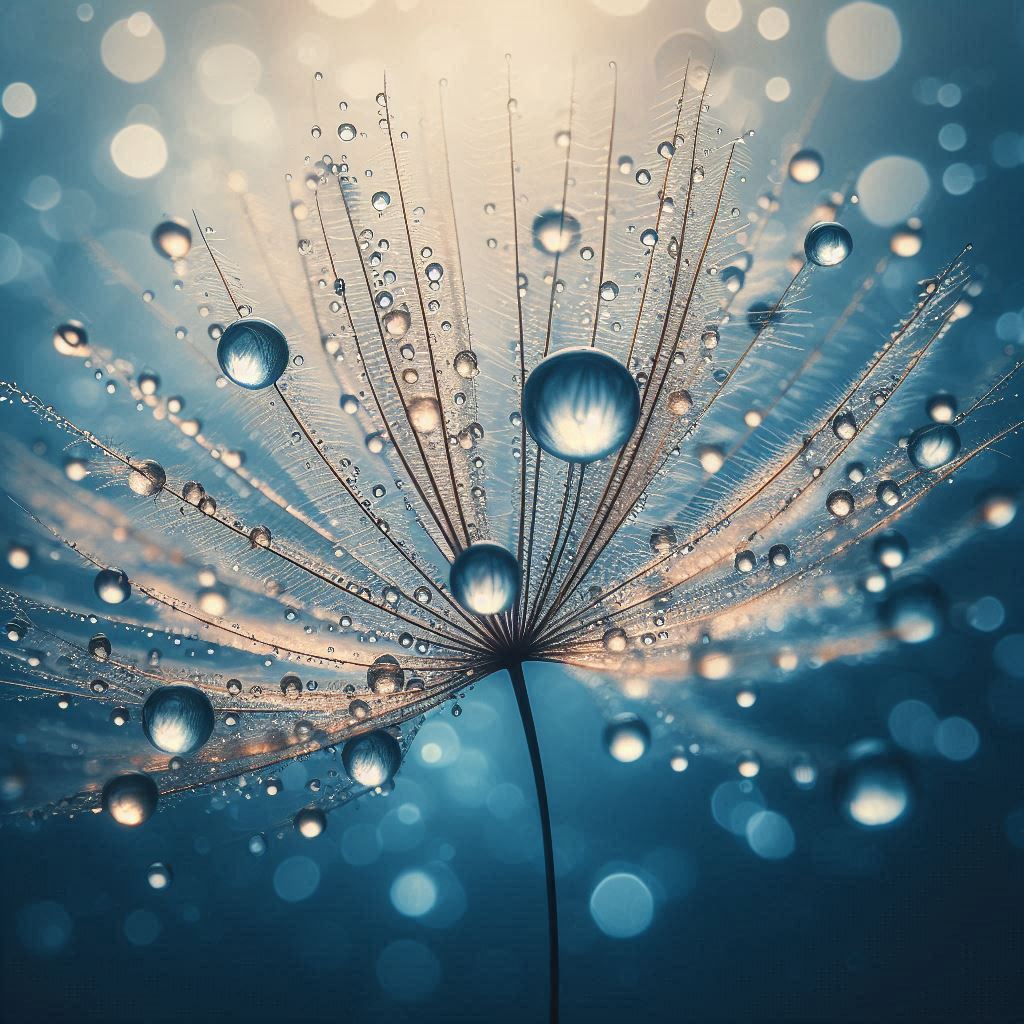 Water droplets cling to a dandelion seed head Water droplets cling to a dandelion seed head