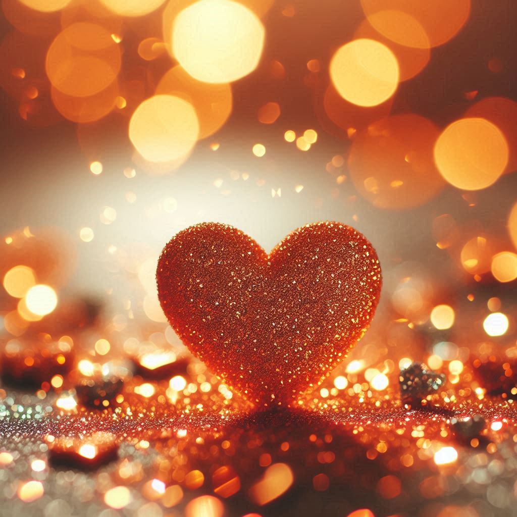 A red glitter heart sits on a bed of glitter A red glitter heart sits on a bed of glitter