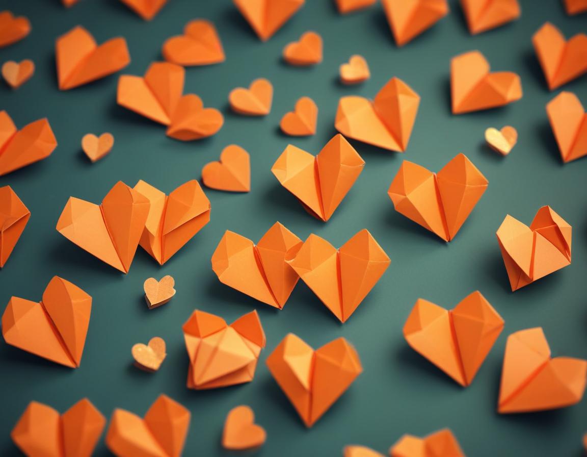 Orange paper hearts are scattered on a teal surface Orange paper hearts are scattered on a teal surface