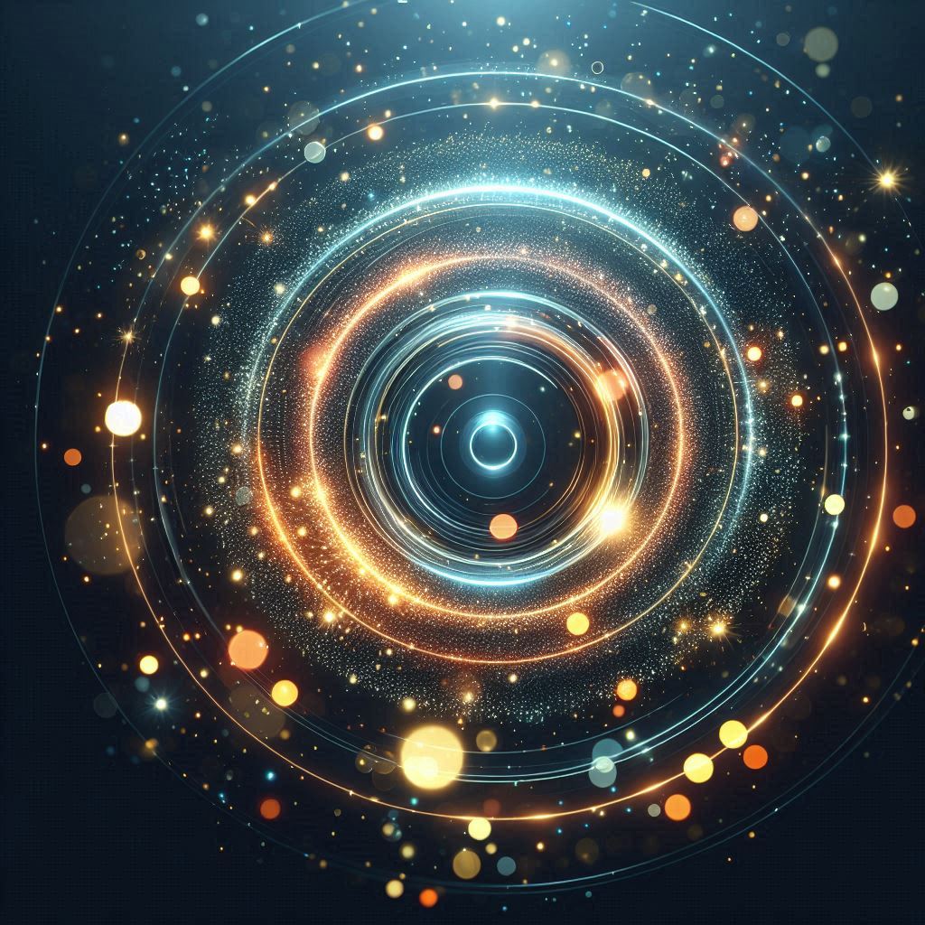 Golden light rings in a dark, starry background Golden light rings in a dark, starry background