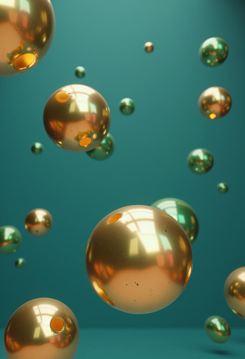 Golden spheres float against a teal background Golden spheres float against a teal background