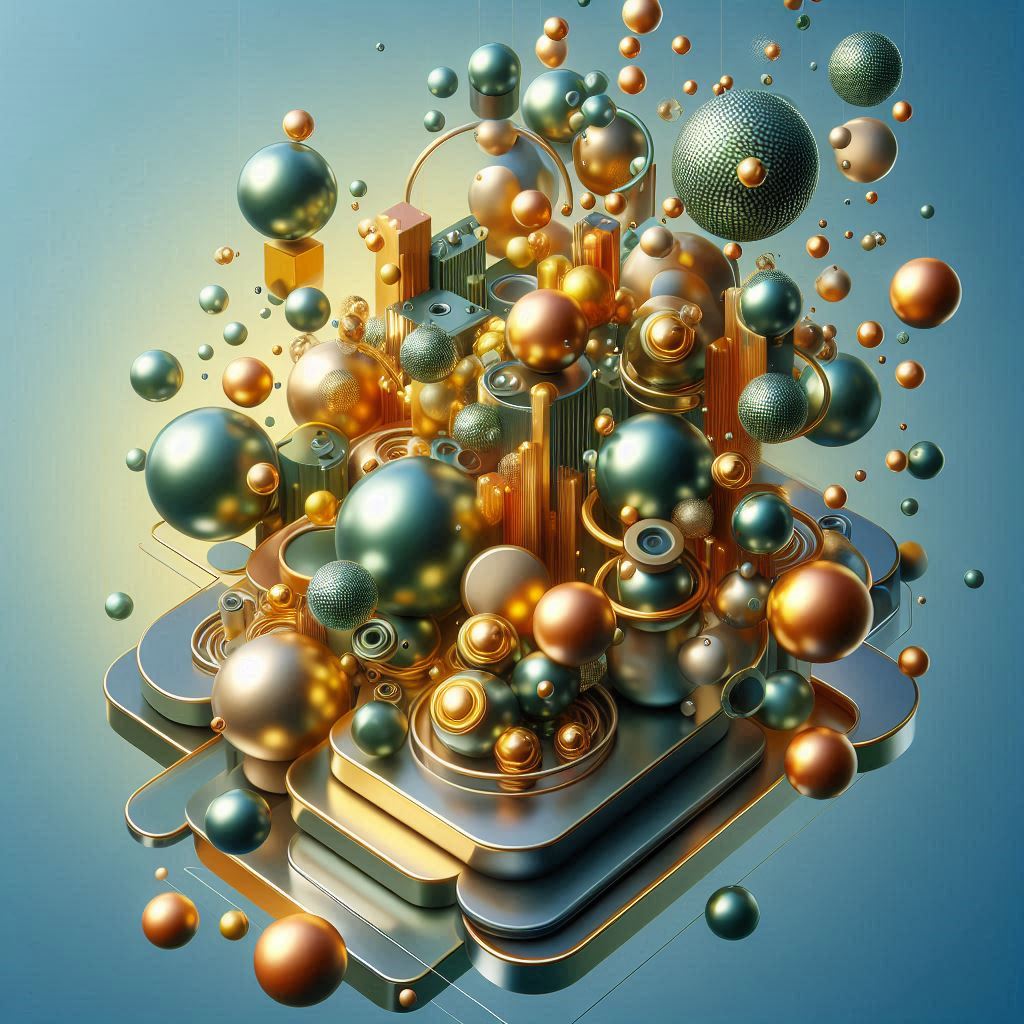 A 3d rendering of gold and blue spheres on a platform A 3d rendering of gold and blue spheres on a platform