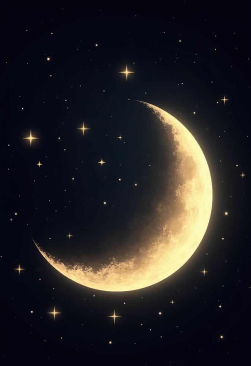 A crescent moon shines bright in the night sky A crescent moon shines bright in the night sky