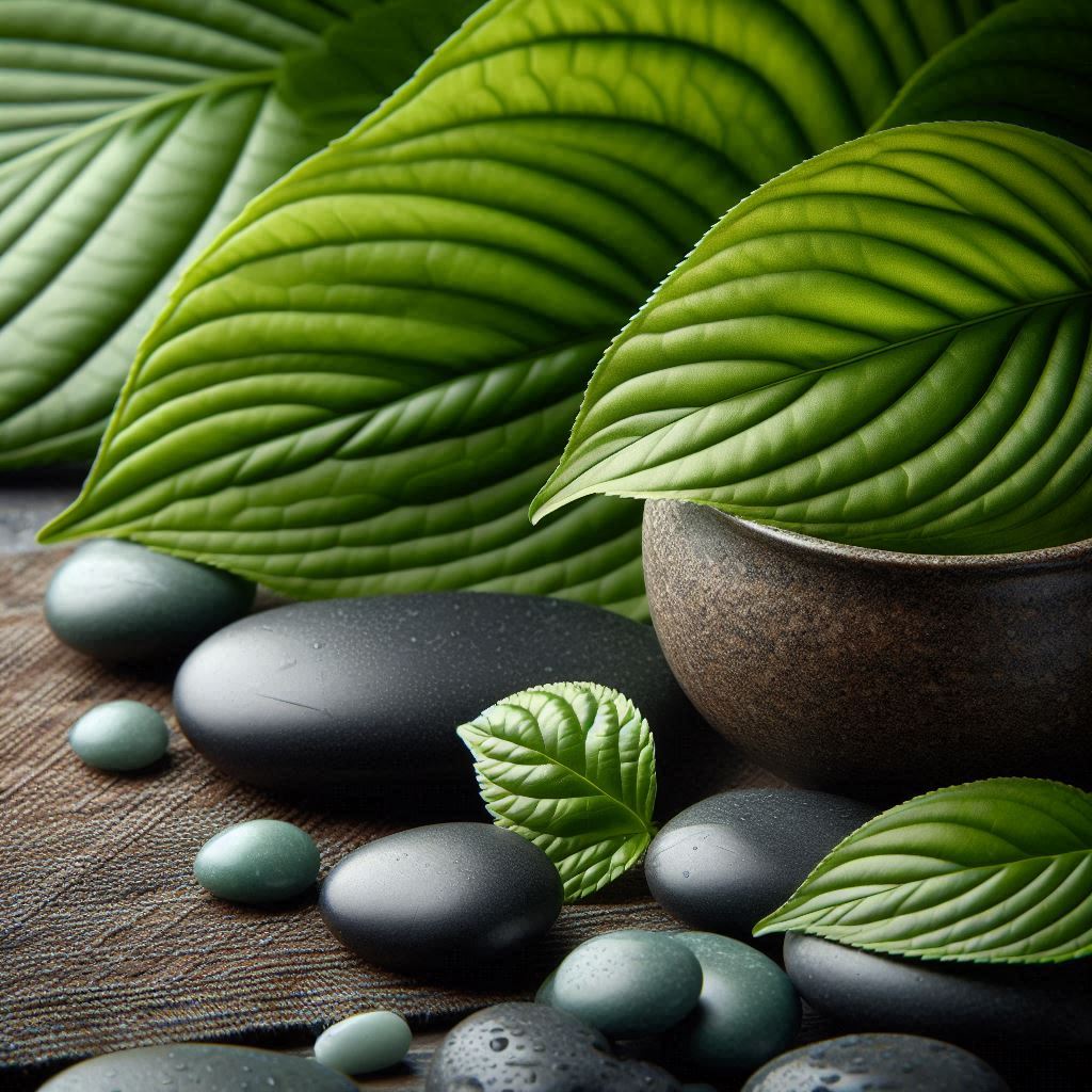 Green leaves and smooth stones create a relaxing scene Green leaves and smooth stones create a relaxing scene