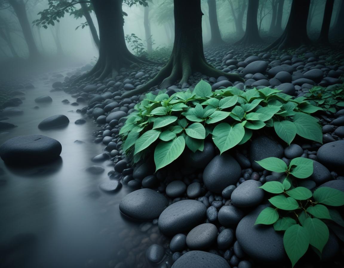 Stream flows through a misty forest with stones Stream flows through a misty forest with stones