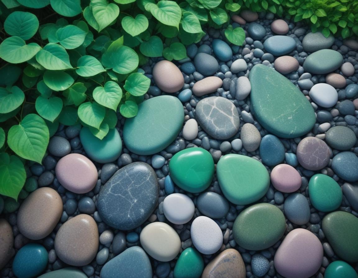 Green leaves border a path of smooth, colorful stones