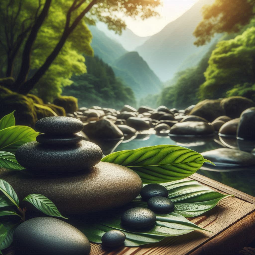 Stacked stones rest on leaves near a flowing river Stacked stones rest on leaves near a flowing river