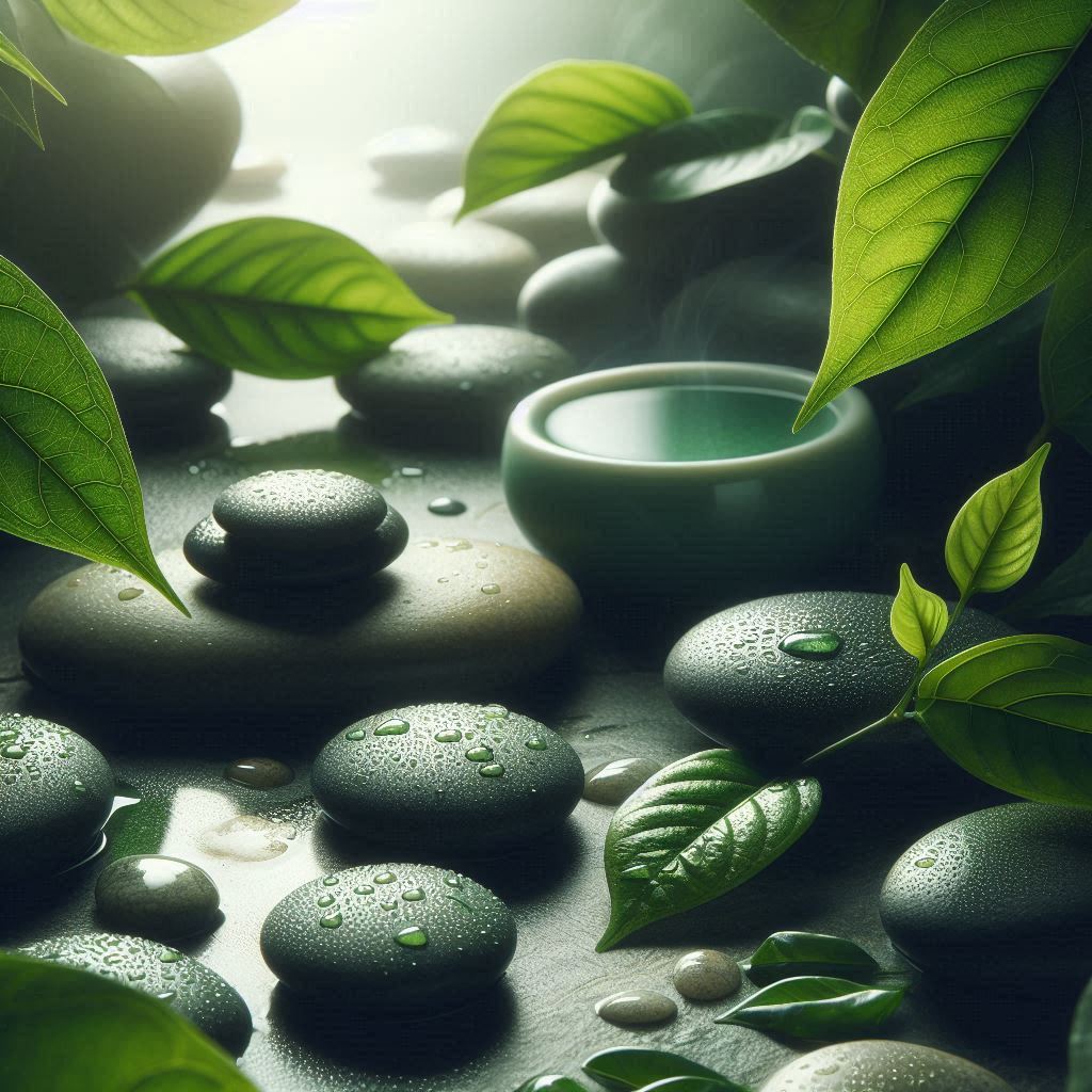 Wet stones and leaves create a zen scene Wet stones and leaves create a zen scene