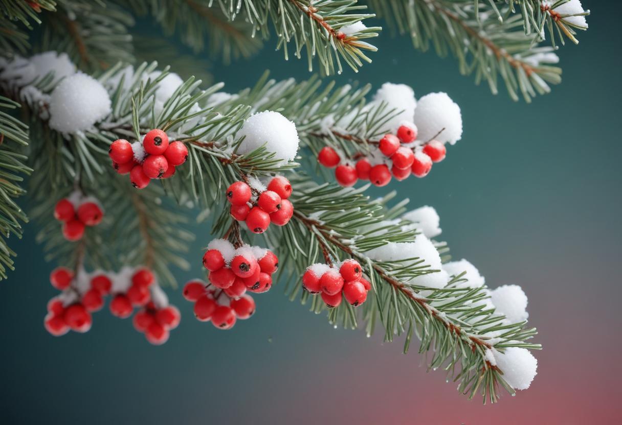 Red berries adorn a snowy evergreen branch Red berries adorn a snowy evergreen branch