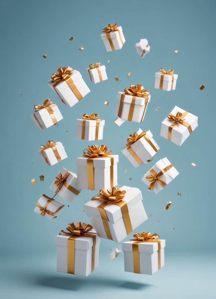 White gift boxes with gold ribbon fall in the air White gift boxes with gold ribbon fall in the air