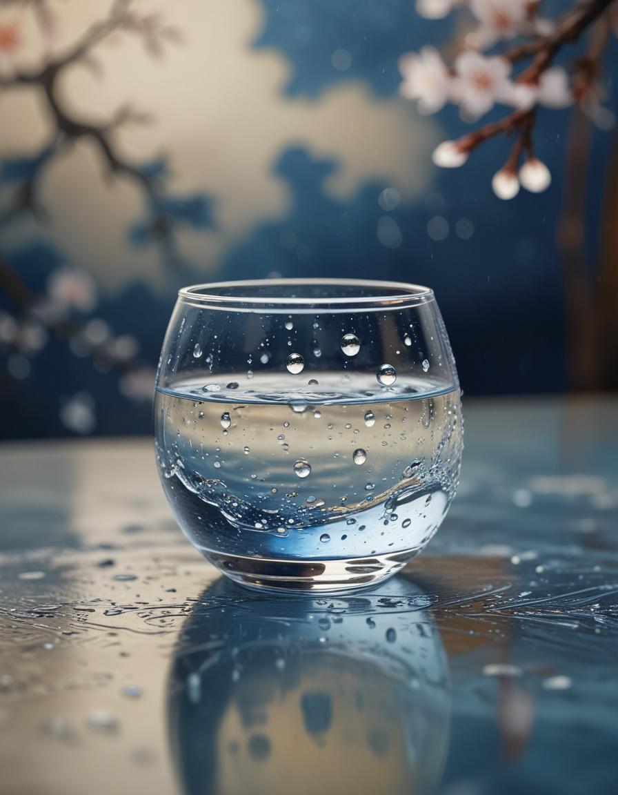 A glass of water sits on a wet surface A glass of water sits on a wet surface