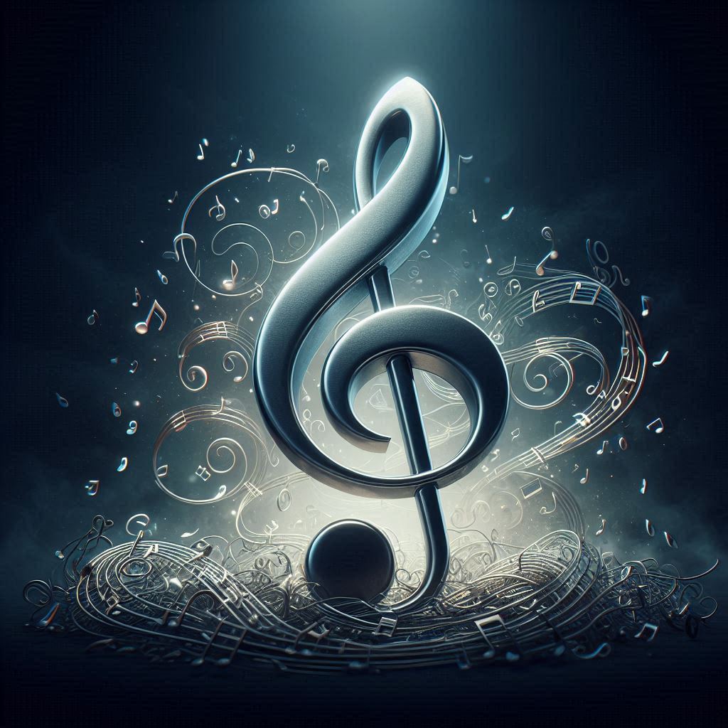 A large, silver treble clef stands against a dark background A large, silver treble clef stands against a dark background