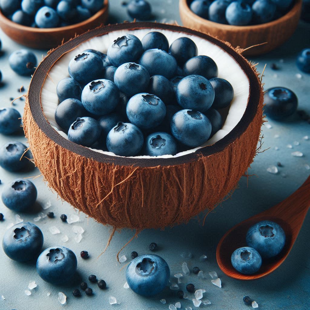 Blueberries in a coconut shell on a blue background Blueberries in a coconut shell on a blue background