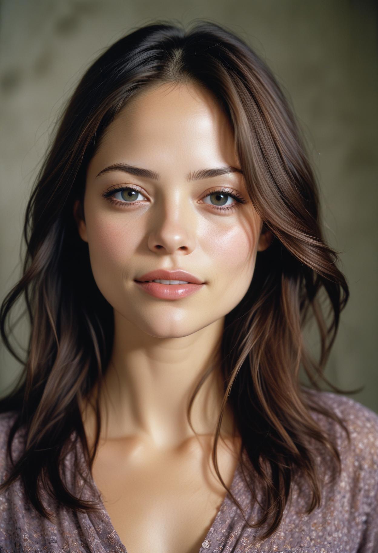A woman with long brown hair looks directly at the camera A woman with long brown hair looks directly at the camera