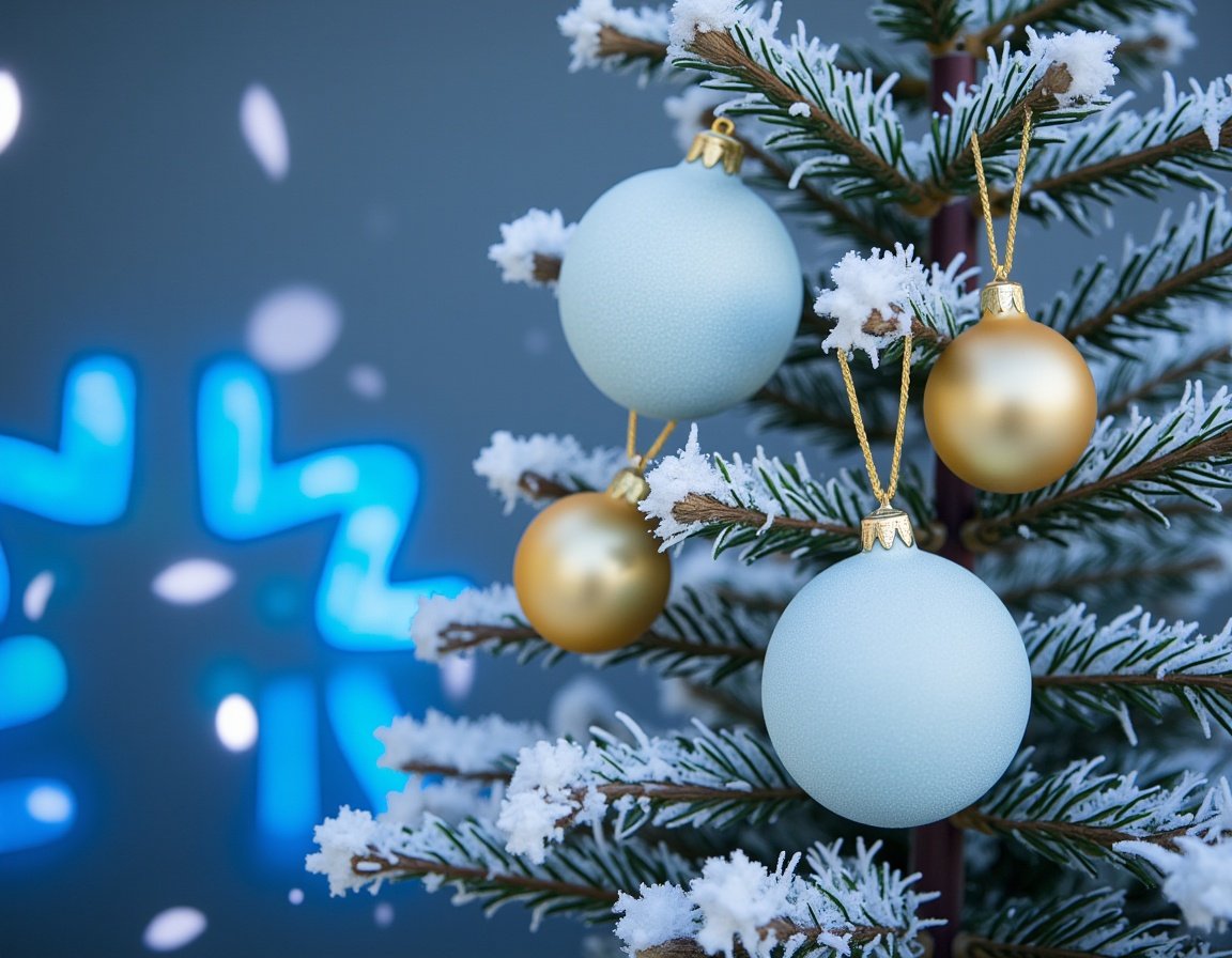 A snowy christmas tree with blue and gold ornaments A snowy christmas tree with blue and gold ornaments