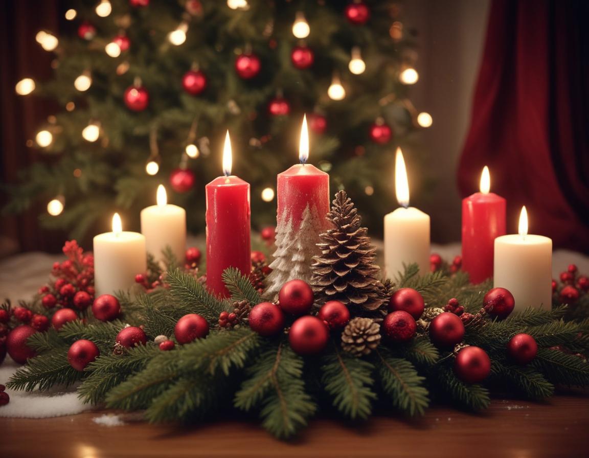 Lit candles in a christmas centerpiece Lit candles in a christmas centerpiece