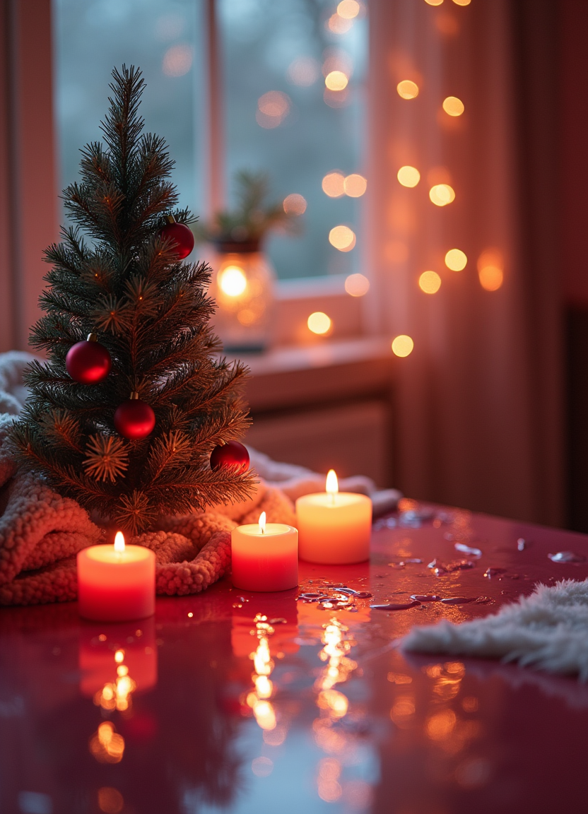 A small tree on a table with candles and a blanket A small tree on a table with candles and a blanket
