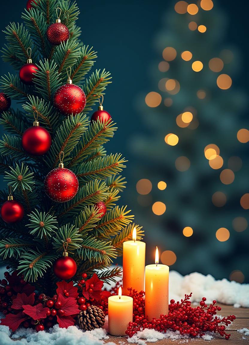 A tiny tree with red ornaments by three candles A tiny tree with red ornaments by three candles