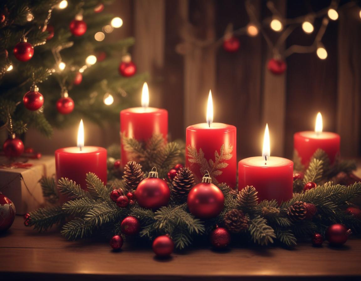 Red candles glow brightly in a festive wreath Red candles glow brightly in a festive wreath