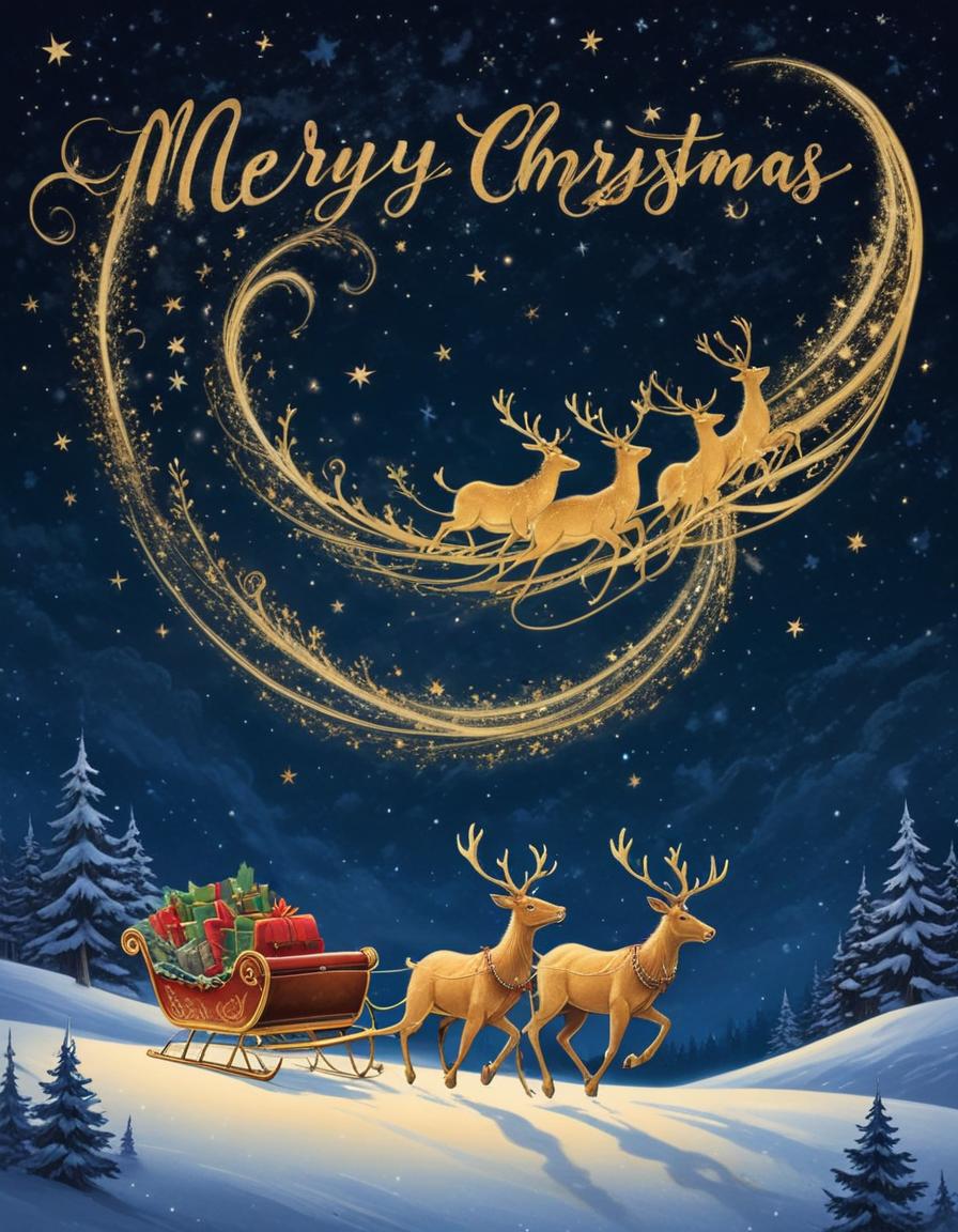 Red sleigh with reindeer soars through night sky Red sleigh with reindeer soars through night sky