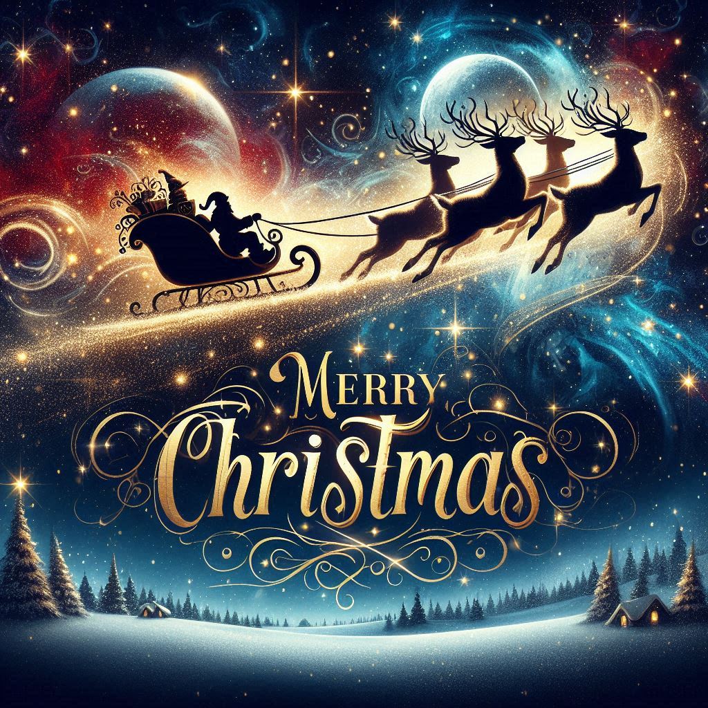 Santa claus flies through the night sky in his sleigh Santa claus flies through the night sky in his sleigh