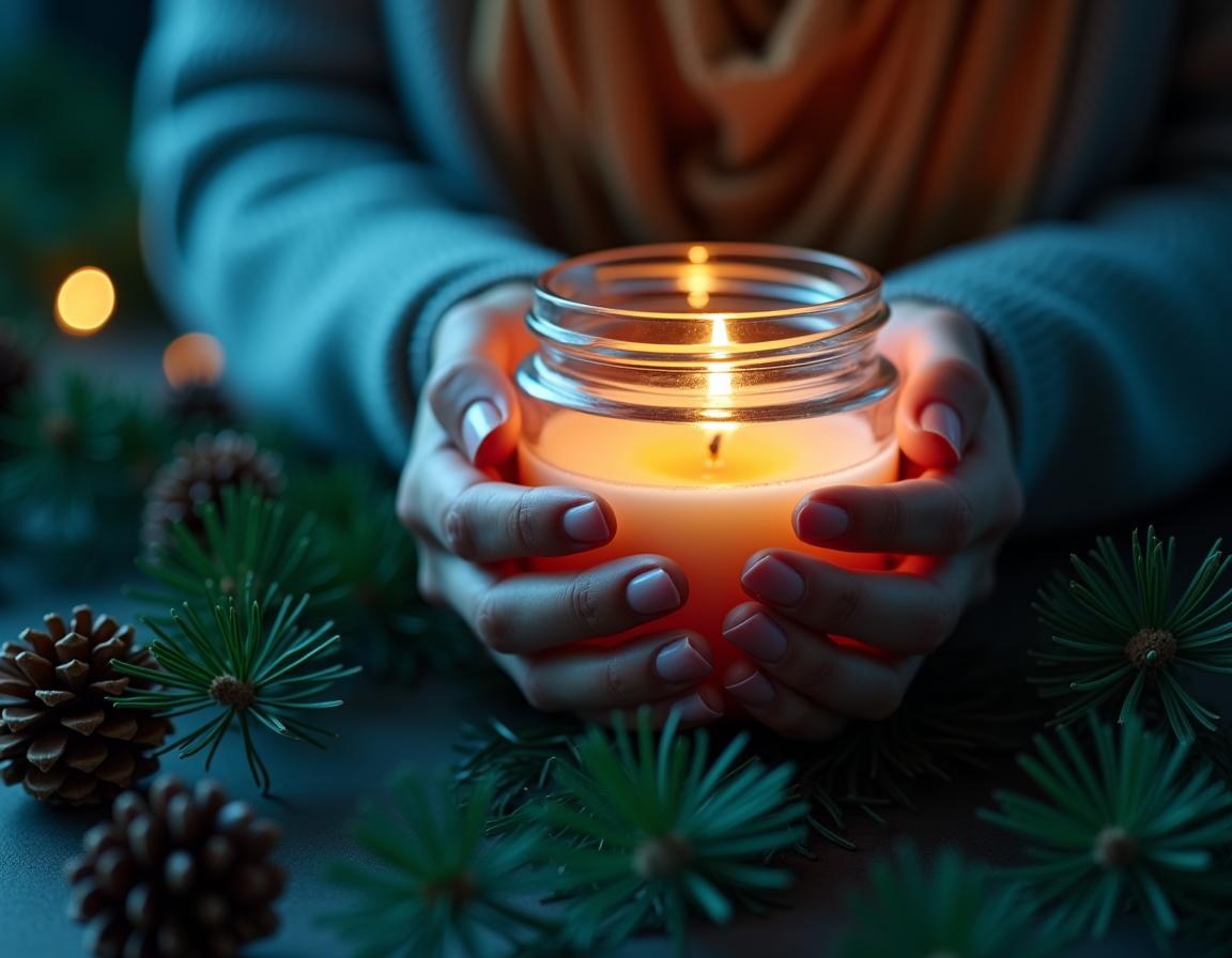Hands hold a lit candle in a glass jar Hands hold a lit candle in a glass jar