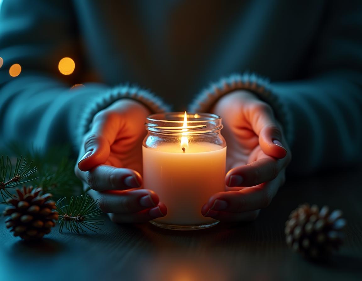 Hands holding a lit candle in a glass jar Hands holding a lit candle in a glass jar