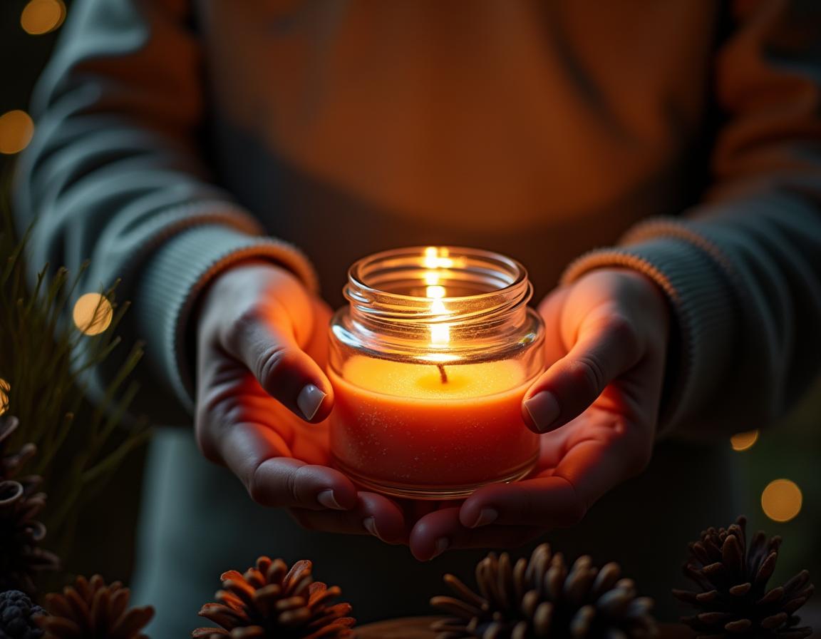 Hands holding a lit candle in a glass jar Hands holding a lit candle in a glass jar