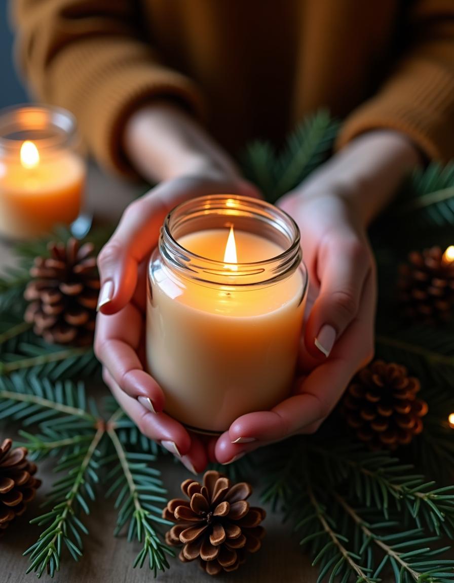Hands holding a lit candle surrounded by pine branches Hands holding a lit candle surrounded by pine branches