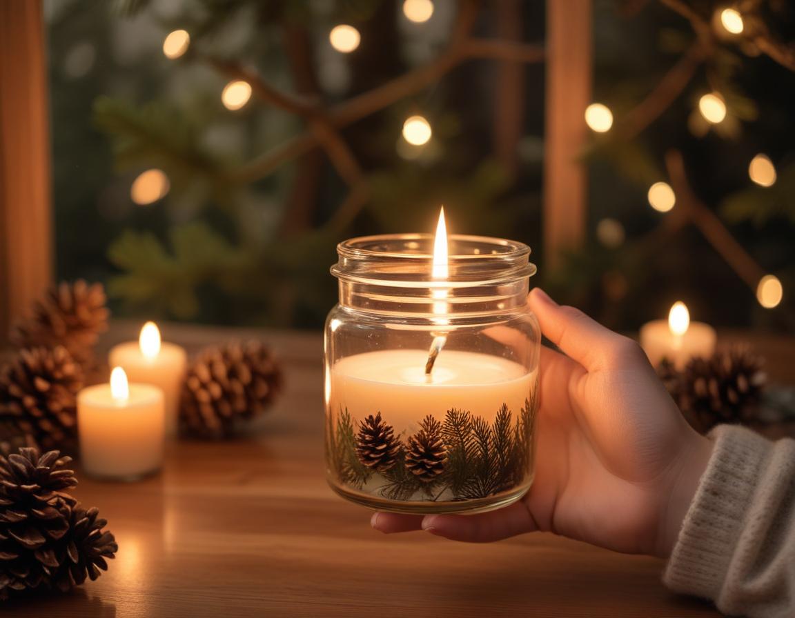 A hand holds a candle in a clear glass jar A hand holds a candle in a clear glass jar