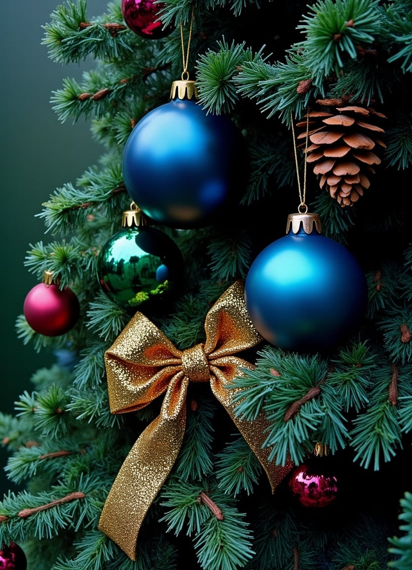 Blue ornaments adorn a christmas tree Blue ornaments adorn a christmas tree