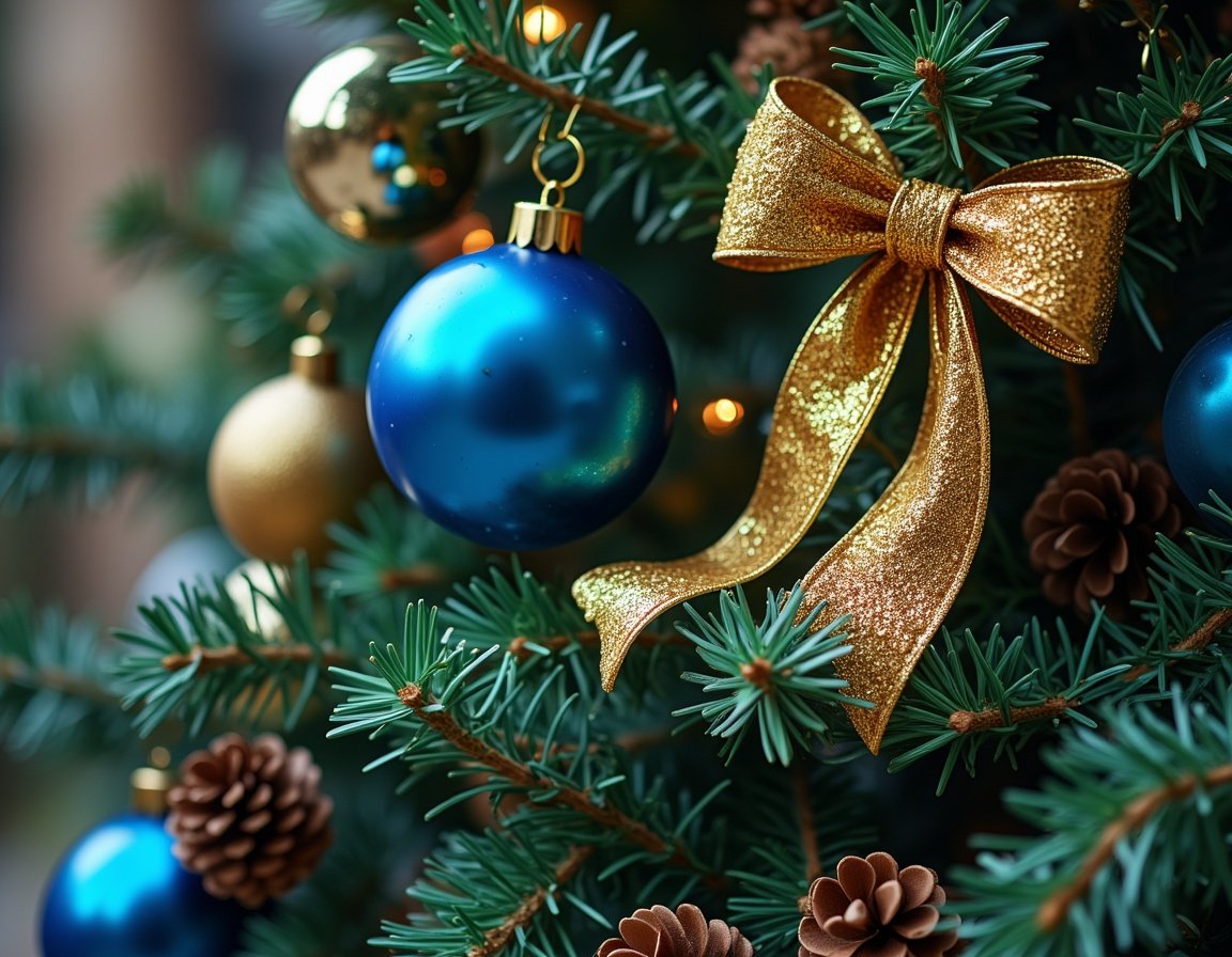 A blue ornament hangs on a christmas tree A blue ornament hangs on a christmas tree