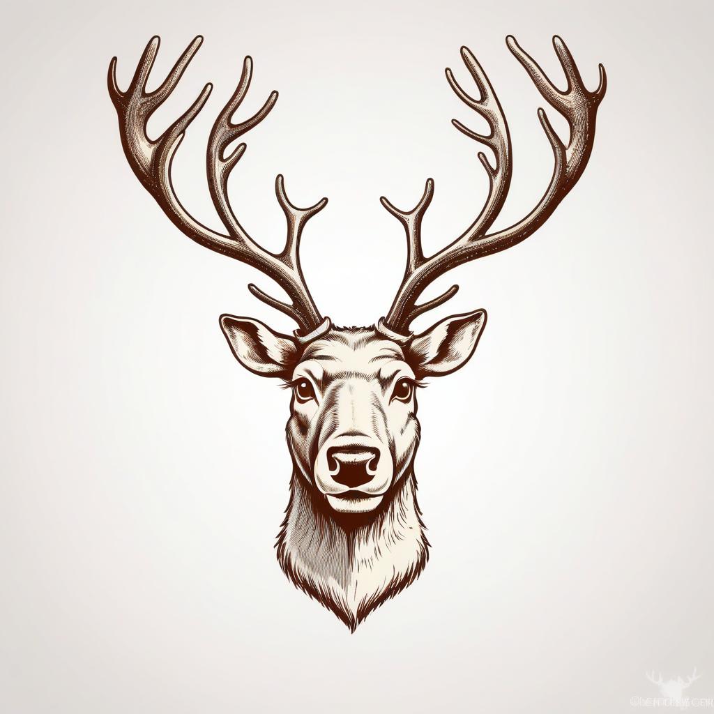 A detailed illustration of a deer's head with large antlers A detailed illustration of a deer's head with large antlers