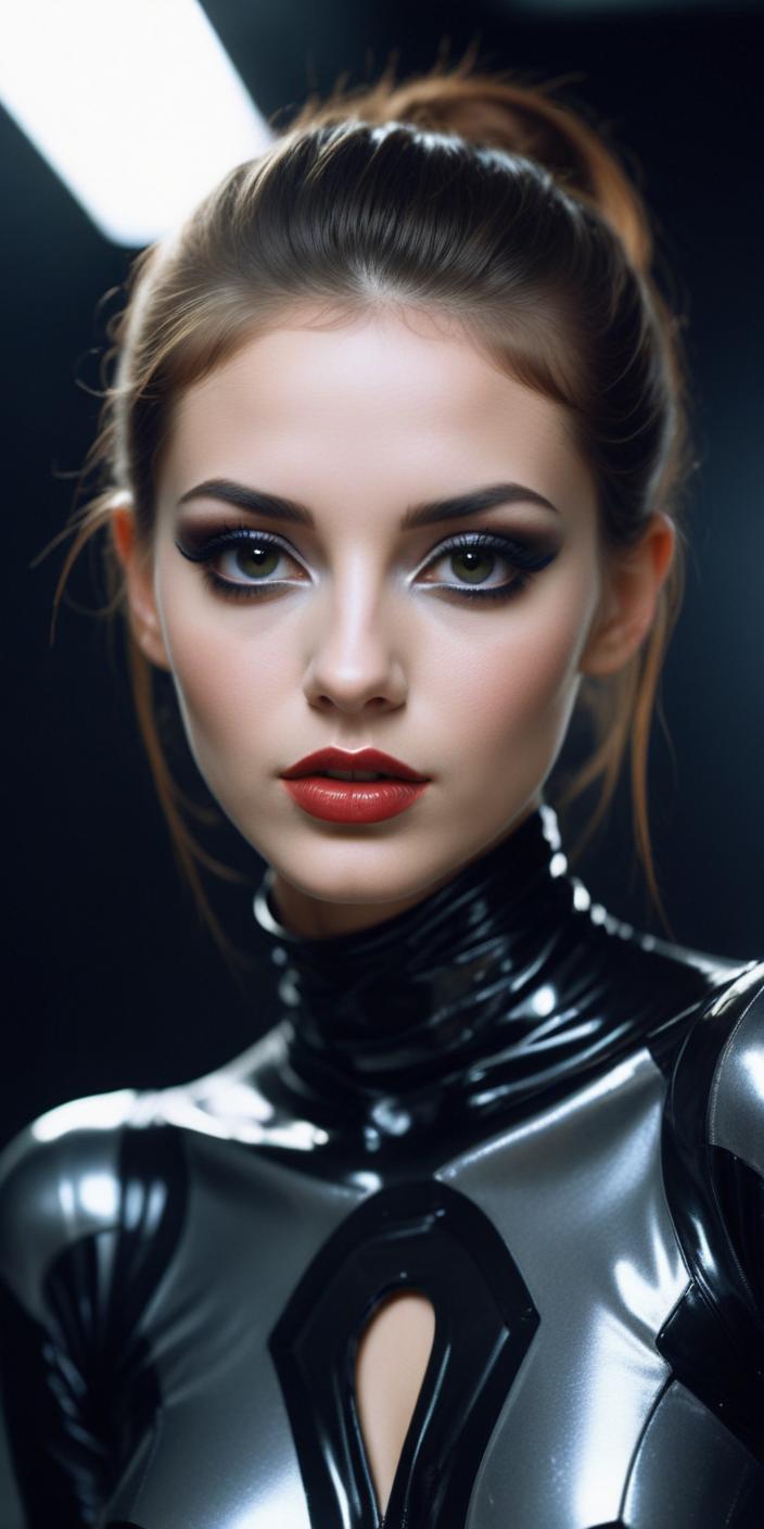 A woman in a silver outfit poses with a serious expression A woman in a silver outfit poses with a serious expression