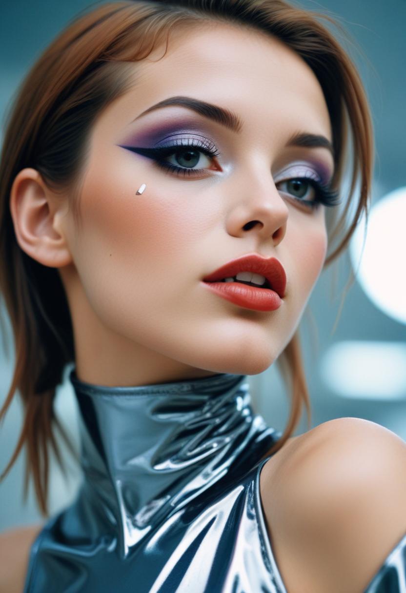 A woman with bold eye makeup gazes at the camera A woman with bold eye makeup gazes at the camera