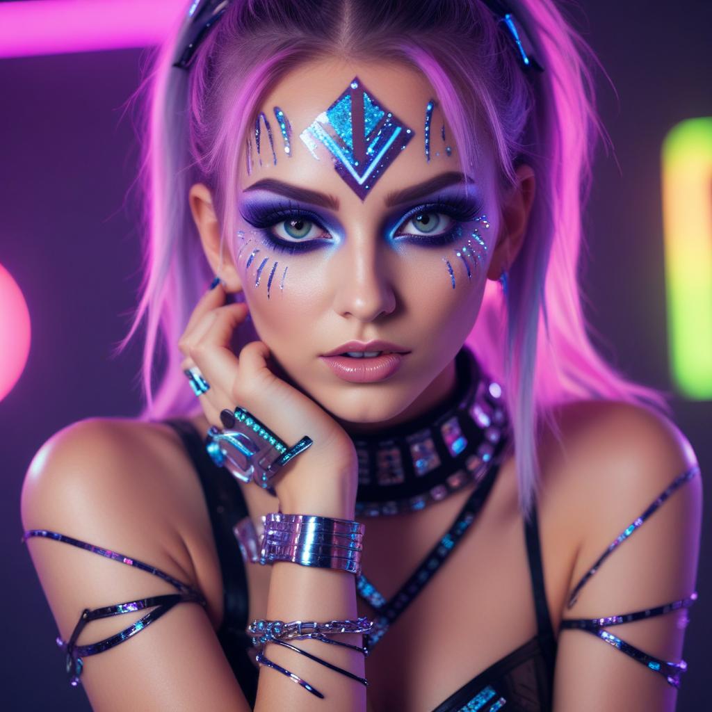 Woman with bold makeup and a silver choker poses Woman with bold makeup and a silver choker poses