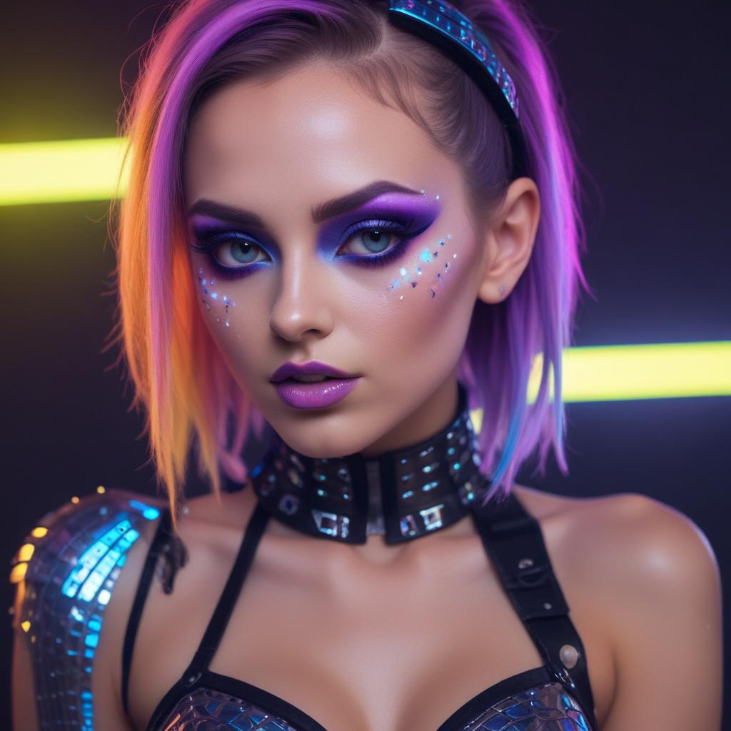 A woman with purple hair poses in front of neon lights A woman with purple hair poses in front of neon lights