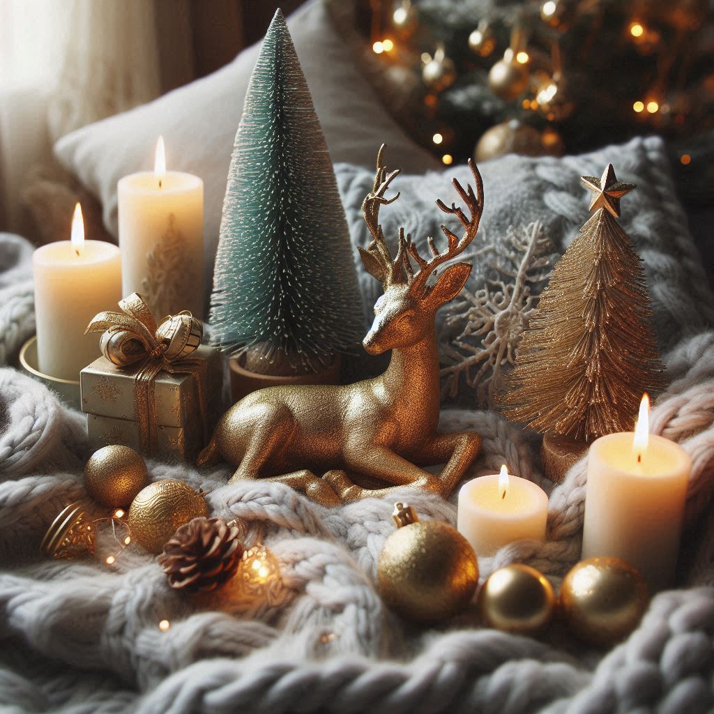 Golden deer on a cozy blanket with trees and candles Golden deer on a cozy blanket with trees and candles