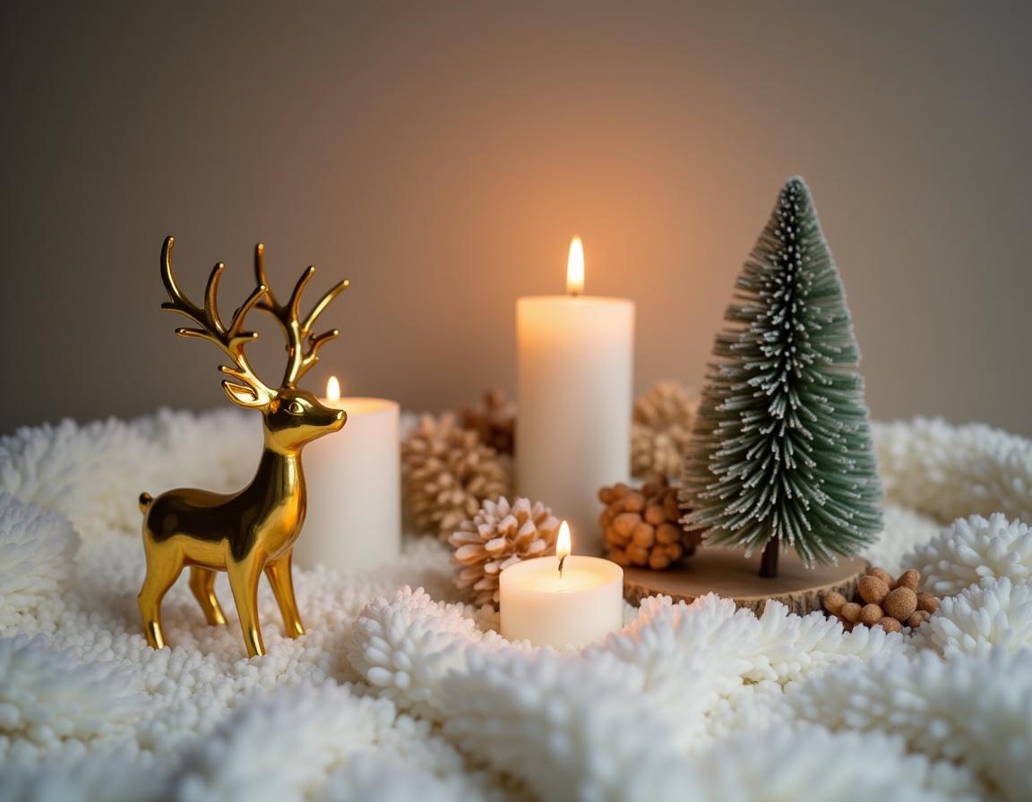 Golden reindeer by candles and a pine tree Golden reindeer by candles and a pine tree