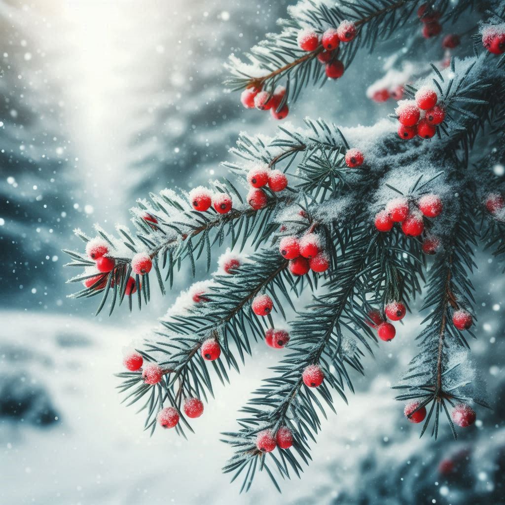 Red berries on a snow-covered evergreen branch Red berries on a snow-covered evergreen branch