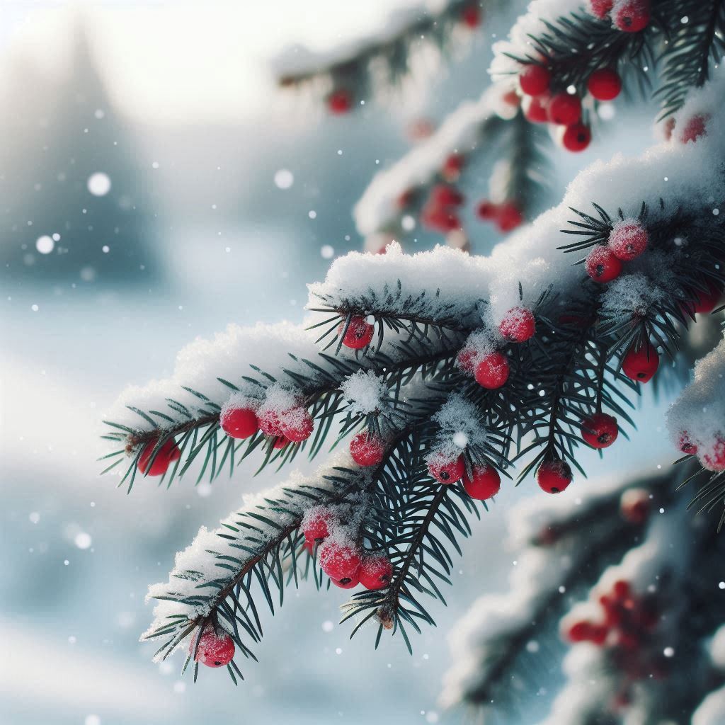 A snowy evergreen branch with red berries A snowy evergreen branch with red berries