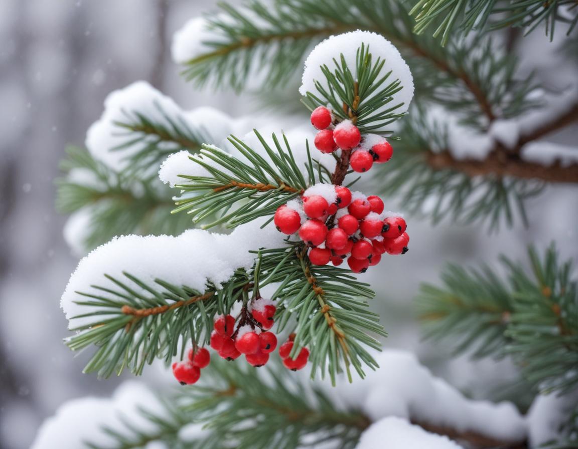 Red berries on a snowy pine branch Red berries on a snowy pine branch