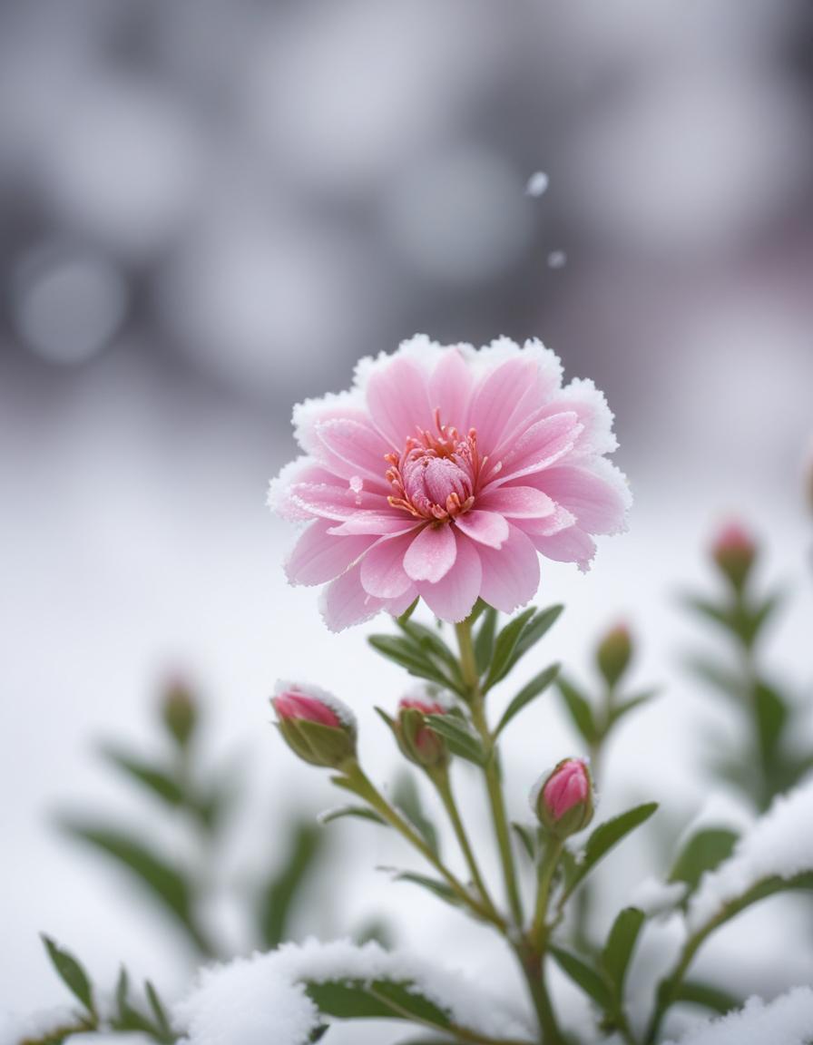A pink flower blooms in the snow A pink flower blooms in the snow