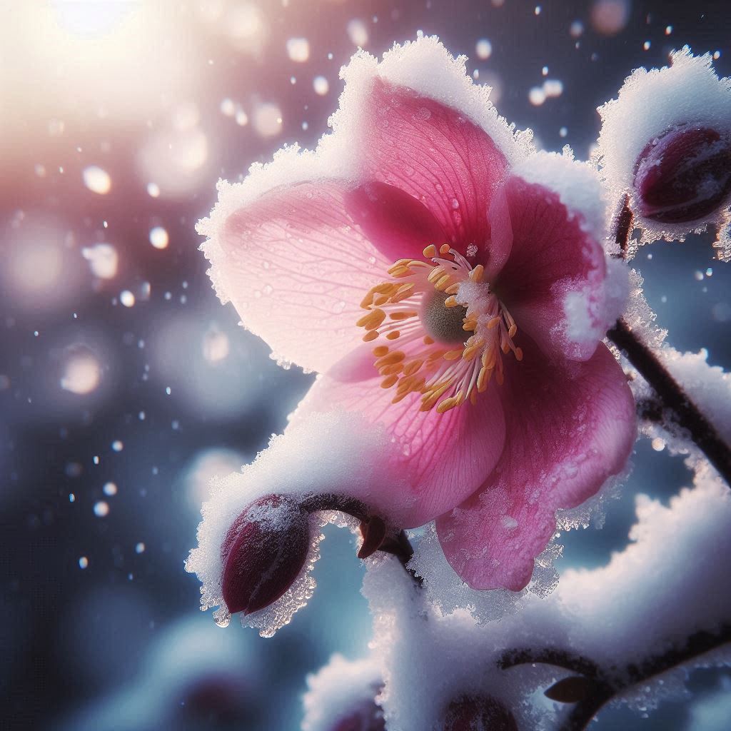 A pink flower blooms in the snow A pink flower blooms in the snow