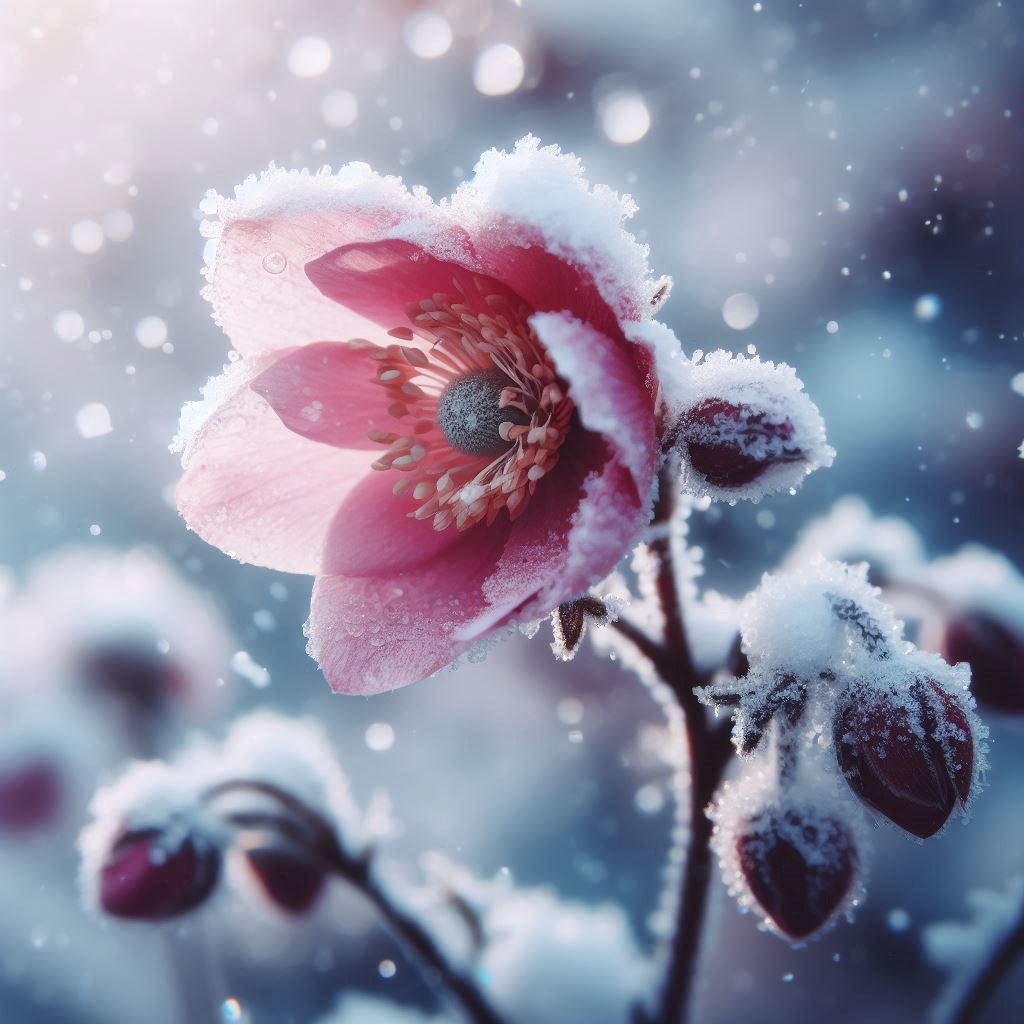 A delicate pink flower blooms in the snow A delicate pink flower blooms in the snow